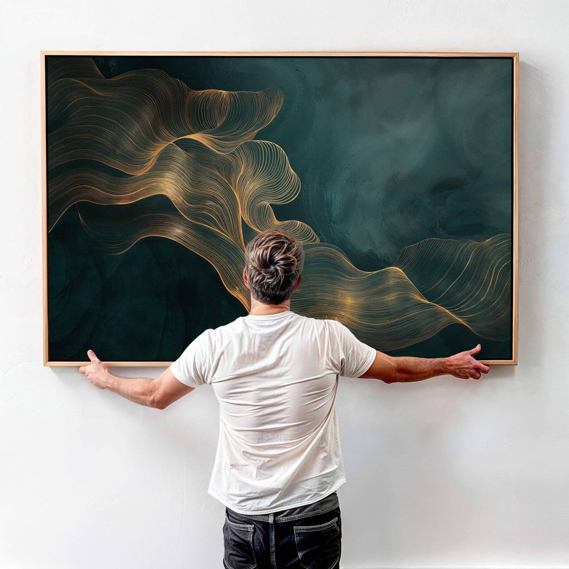 Dark Green Gold Flowing Line Wave Abstract Luxury Decor Poster