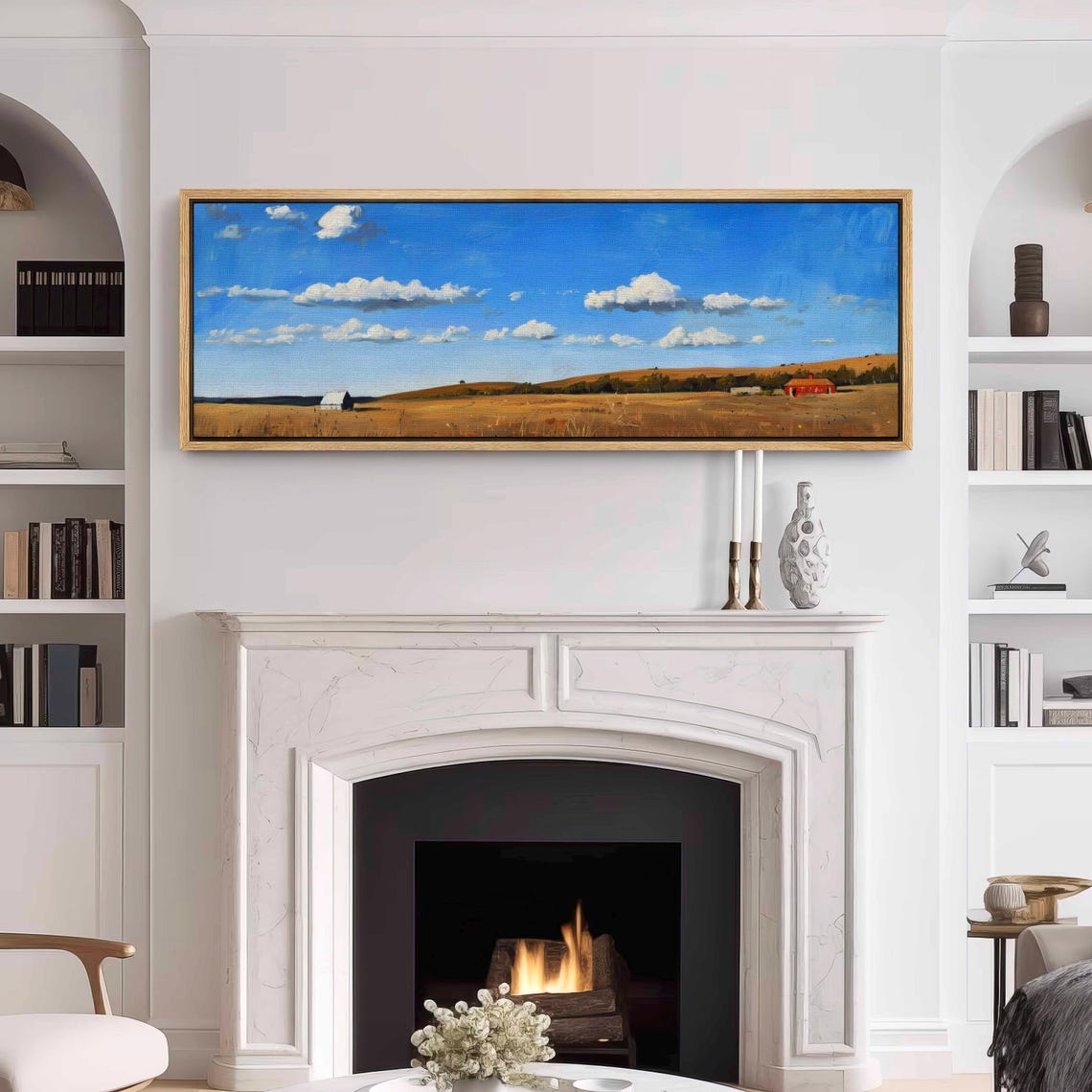 Golden Wheat Field Red Barn White Farmhouse Blue Sky Landscape Print - Image 3
