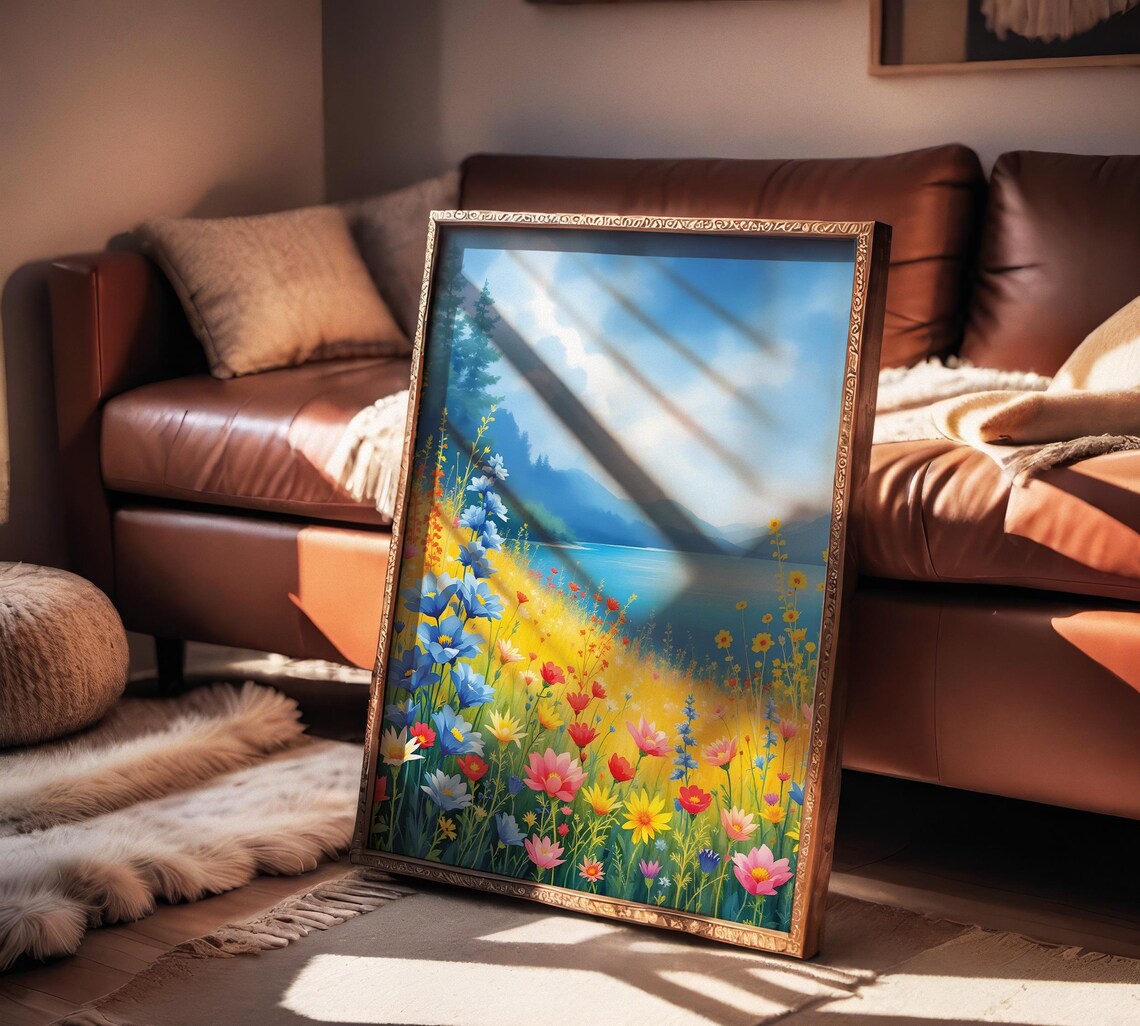 Wildflower Meadow Lake Watercolor Art Print Set Floral Landscape - Image 2