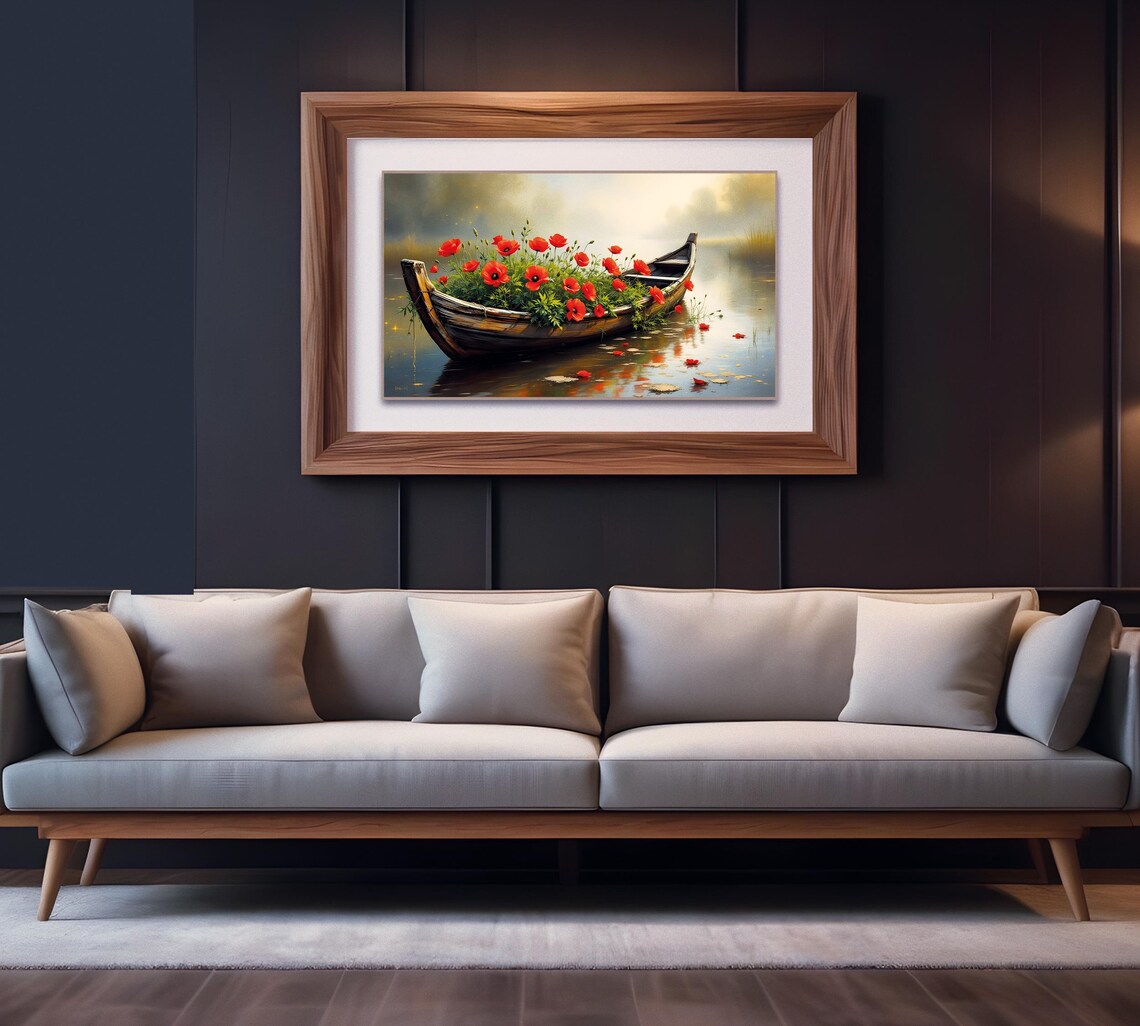 Wooden Boat Full of Red Poppies Misty Lake Oil Painting Wall Art - Image 5