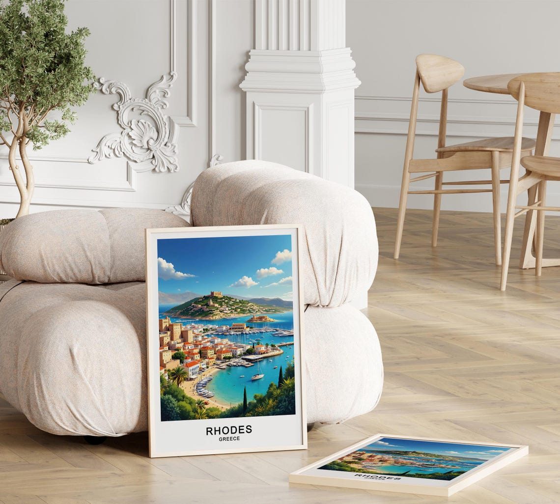 Rhodes Greece Harbor Marina Hilltop Old Town Aegean Sea View Poster - Image 3