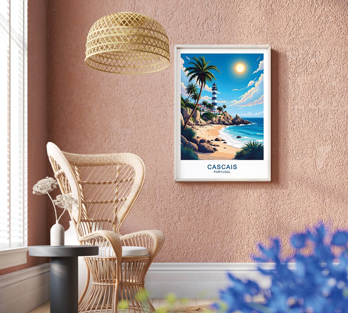 Cascais Portugal Lighthouse Rocky Beach Palm Trees Ocean Sunset View Poster - Image 2