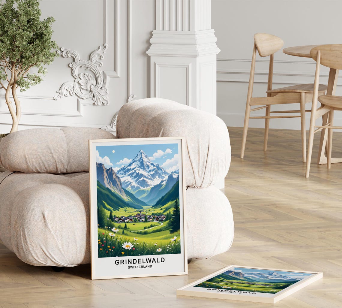 Grindelwald Switzerland Alpine Village Snow Peak Meadow Travel Poster - Image 3