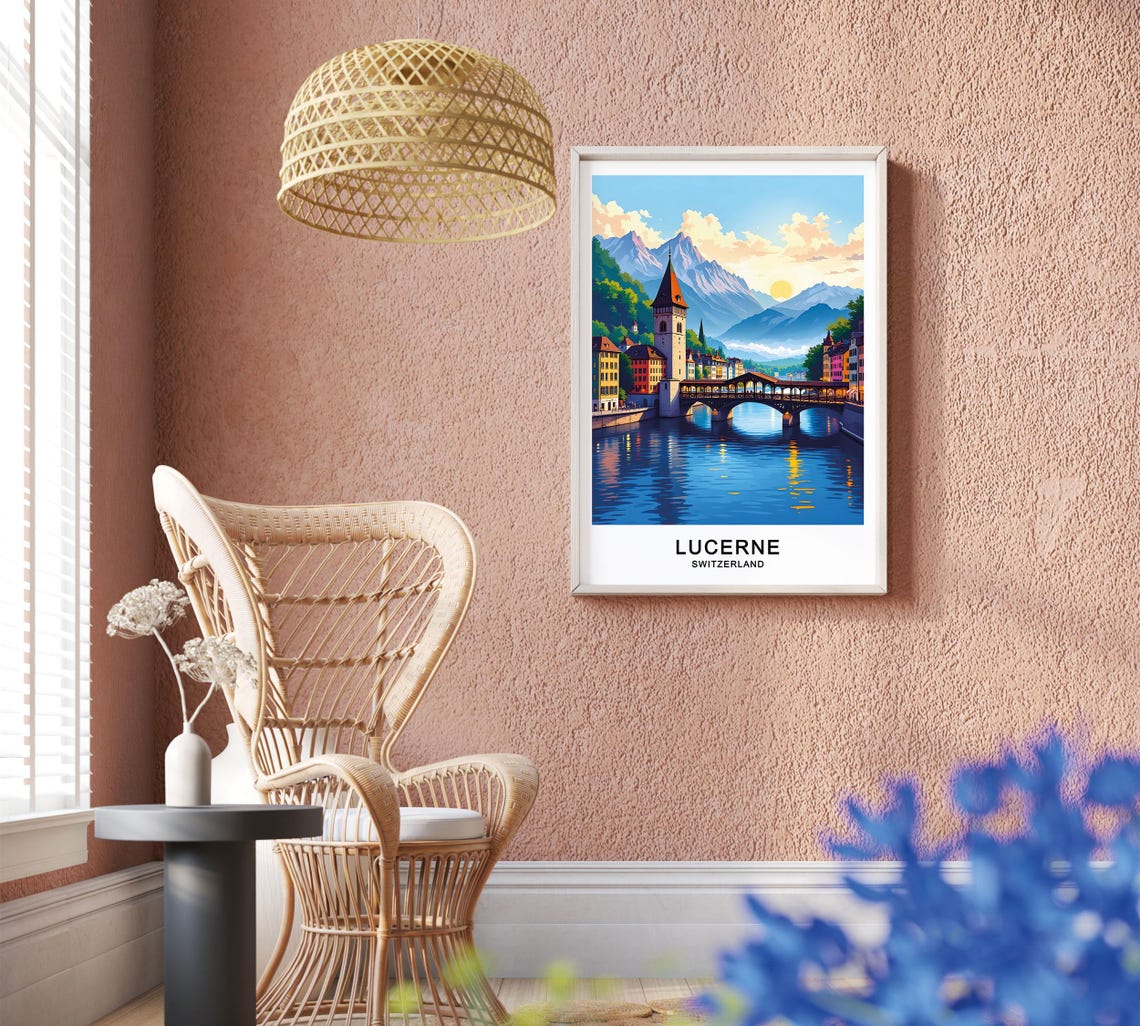 Lucerne Switzerland Travel Poster Chapel Bridge Lake Lucerne And Majestic Alpine Views Wall Art - Image 2