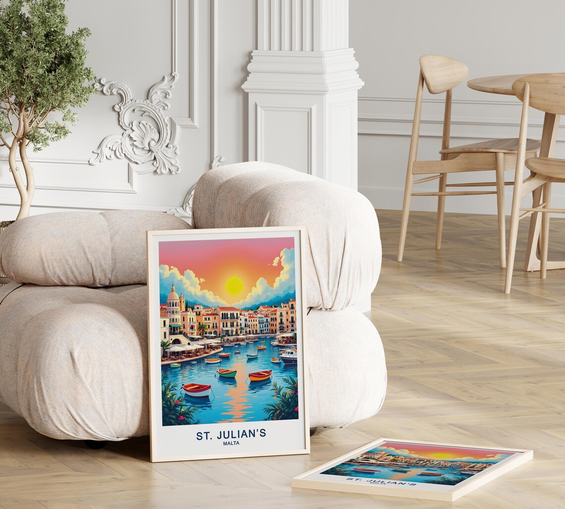 St Julians Malta Harbor Sunset Colorful Boats Waterfront Marina View Poster - Image 3