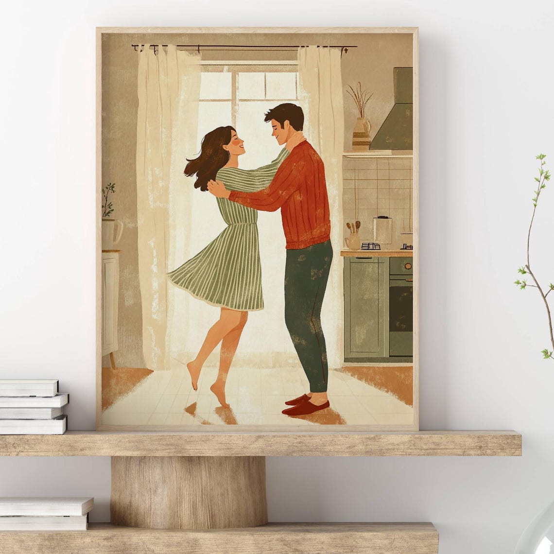 Cozy Couple Dancing in Kitchen Romantic Illustration Art Poster