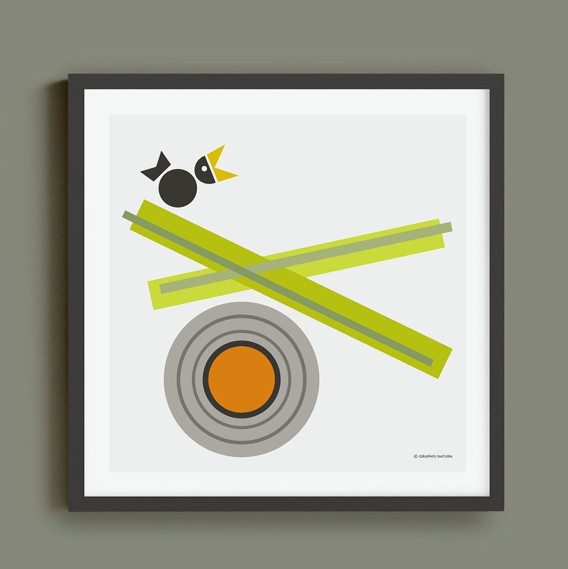 Geometric Bird on Green Bars With Orange Sun Circle Art Poster - Image 5