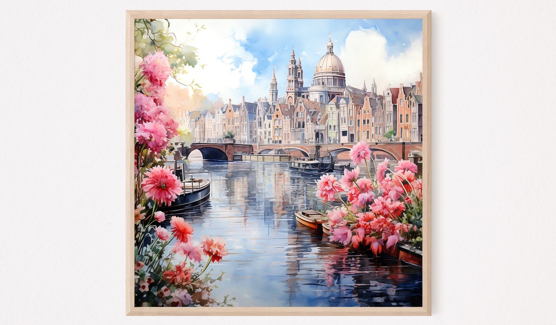 Amsterdam Canal Watercolor Painting Spring Flowers Bridge Poster