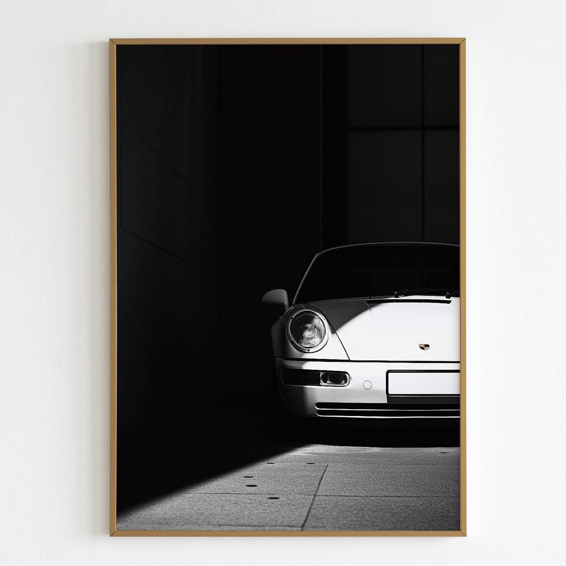 White Porsche 911 Emerging From Dark Shadow Dramatic Photo Poster