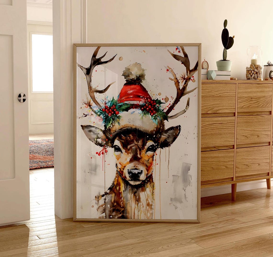 Reindeer In Santa Hat Watercolor Festive Deer Christmas Art Poster