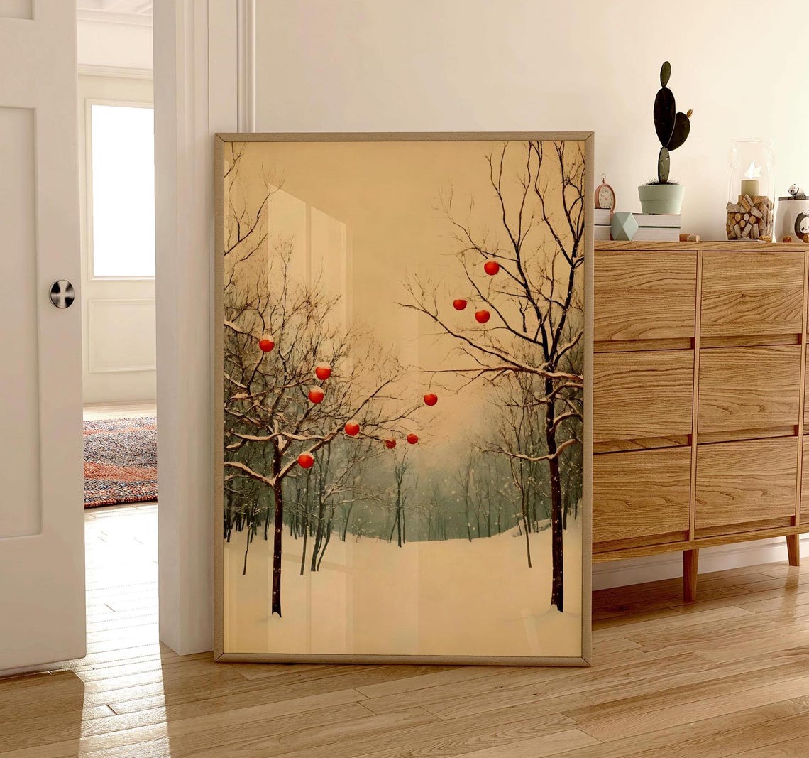 Winter Trees With Red Christmas Ornaments Minimalist Holiday Poster