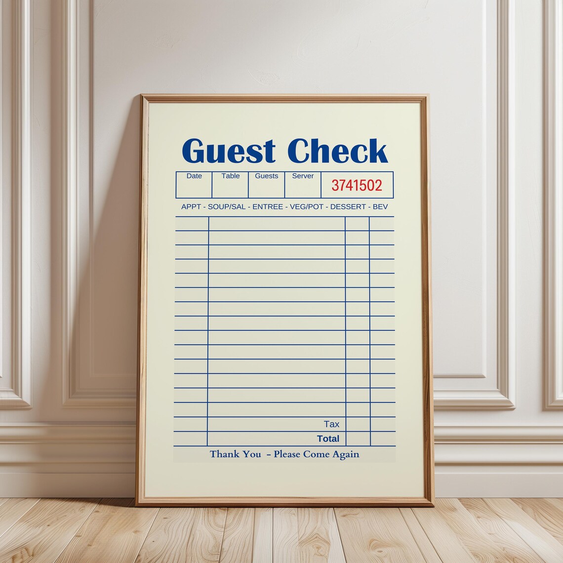 Blank Guest Check Personalized Wall Art Print