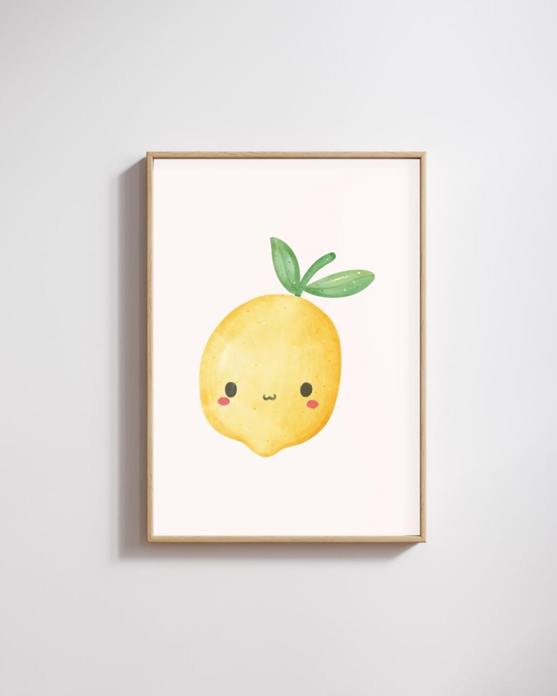 Cute Smiling Lemon Watercolor Fruit Illustration Nursery Poster