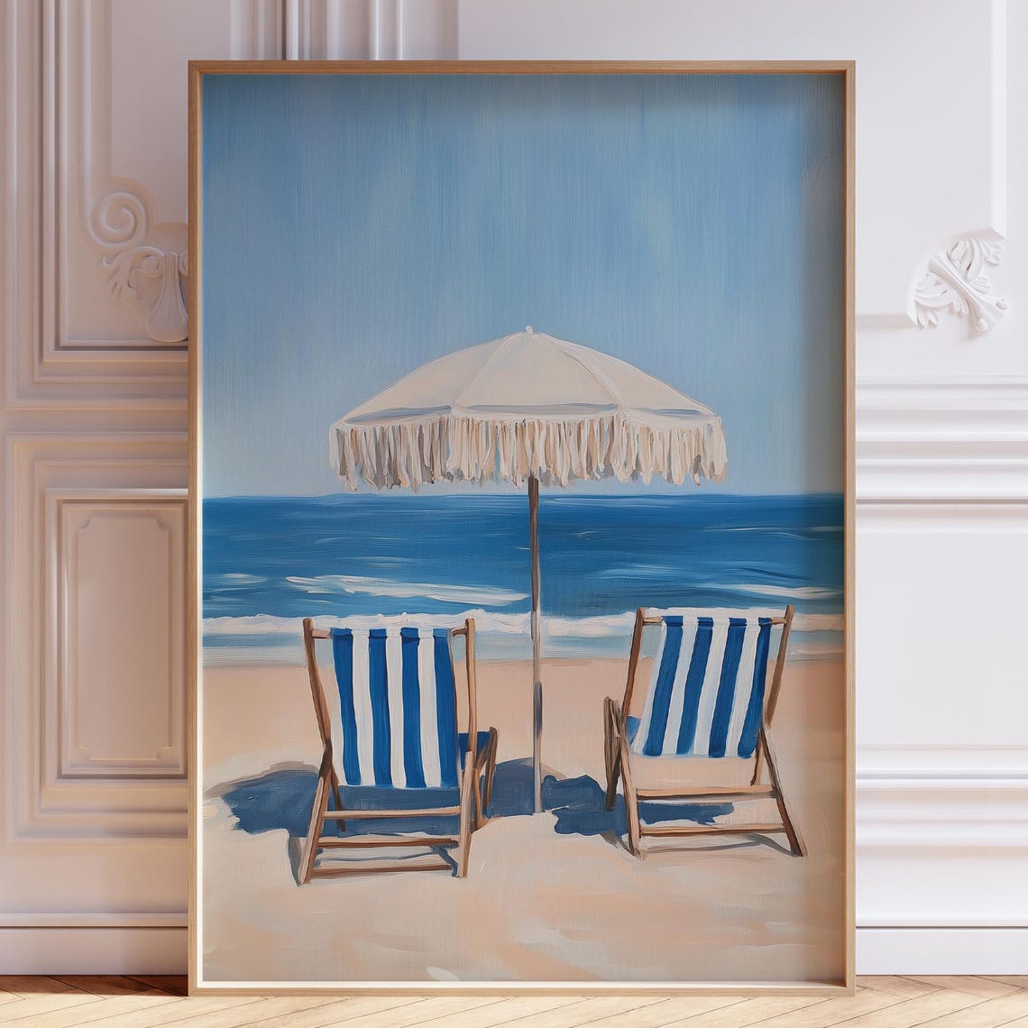 Striped Beach Chairs Under Umbrella Blue Ocean Summer Poster