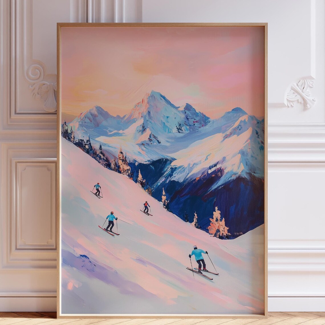 Pink Ski Mountain Sunset Skiers Watercolor Winter Sports Poster