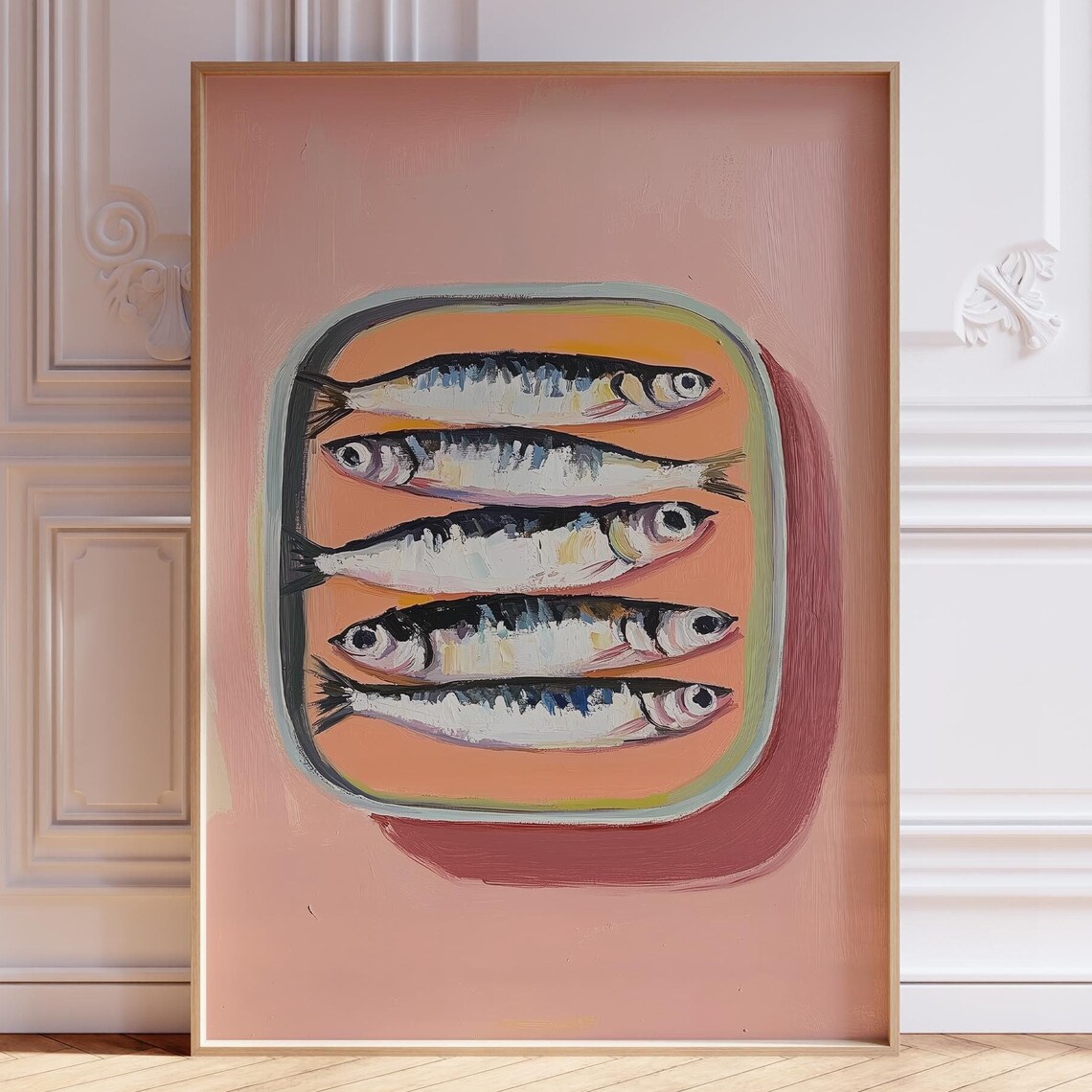 Pink Sardine Print Retro Sardines Wall Art Girly Kitchen Cute Fish Coastal