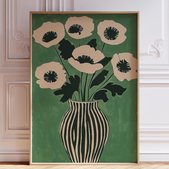 Abstract Green Floral Print Dark Wall Art Matisse Style Flowers In Vase Flower Poster