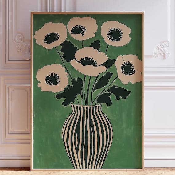 Matisse Style Green Floral Bouquet Striped Vase Decor Poster