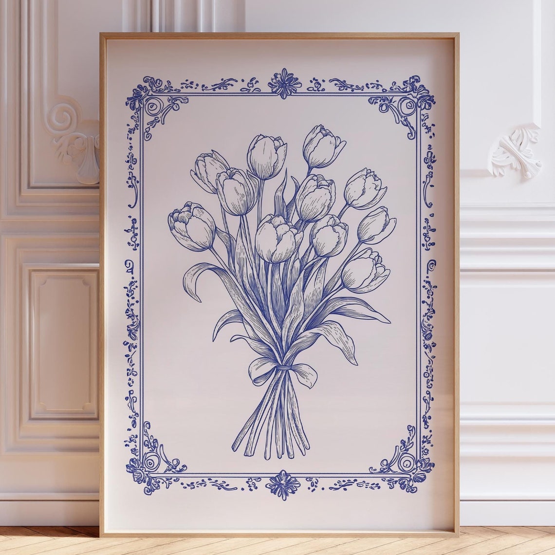 Blue Floral Print Vintage Tulip Art Light Flower Cute Nursery Boho Spring