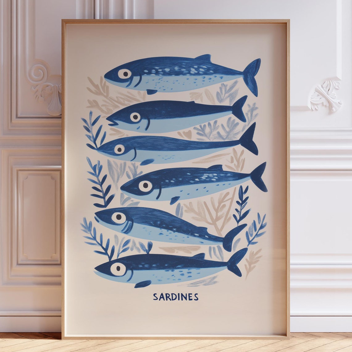 Blue Sardines Illustrated School Coastal Kitchen Decor Art Poster