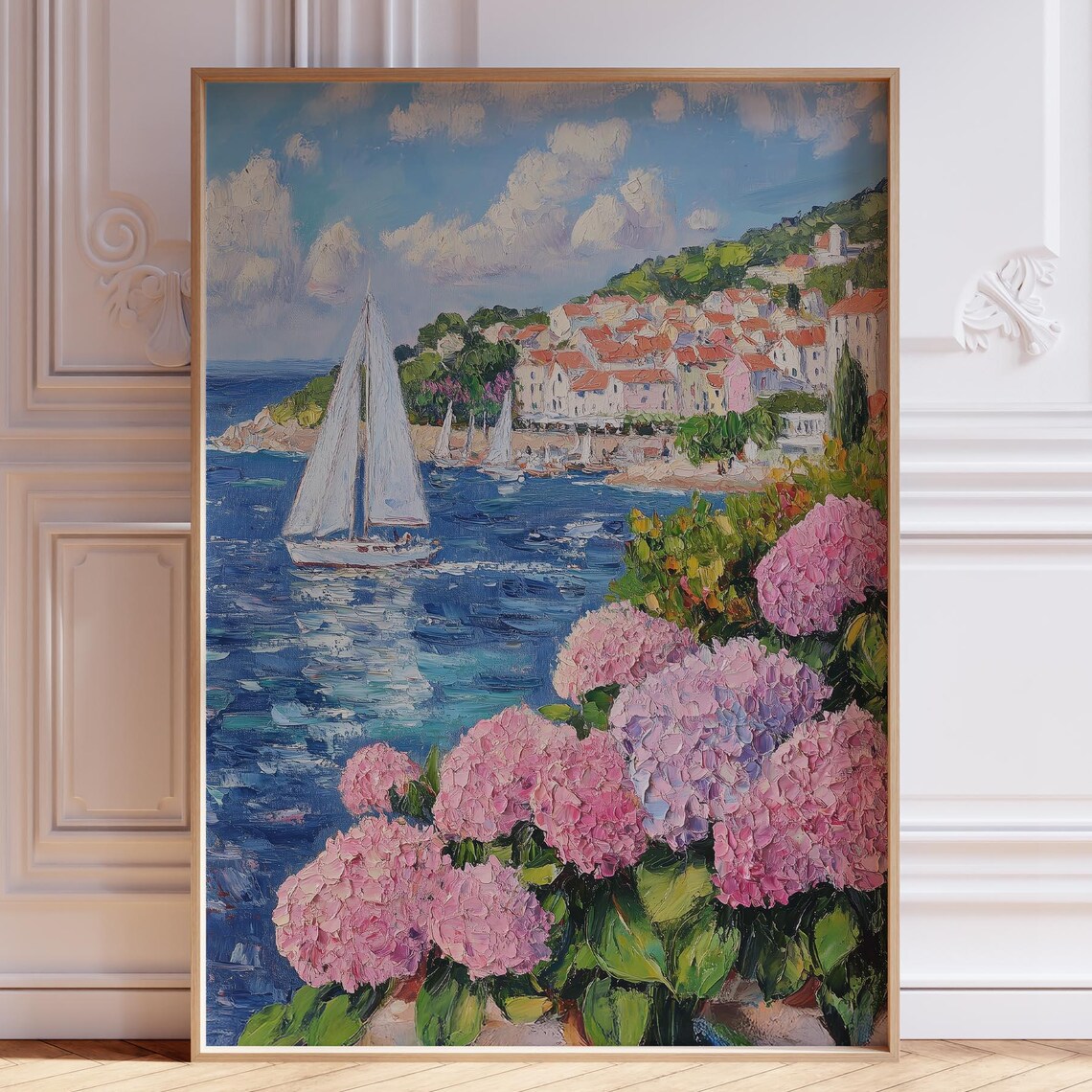 Sailboat Gliding Past Coastal Town Pink Hydrangeas Art Poster