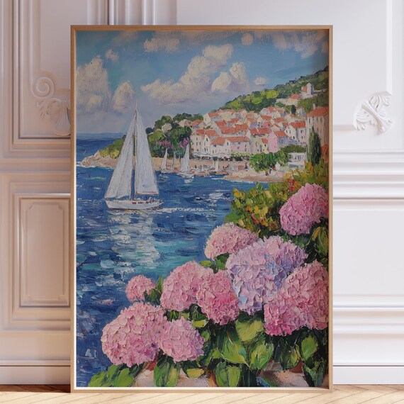 Tall Sailboat Hillside Town Pink Hydrangeas Coastal Art Poster