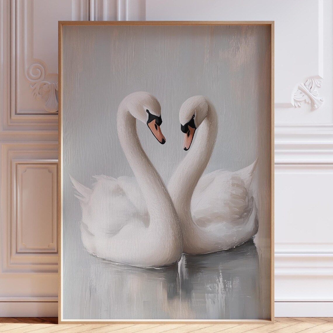 Two White Swans Soft Grey Oil Painting Elegant Nursery Art Poster