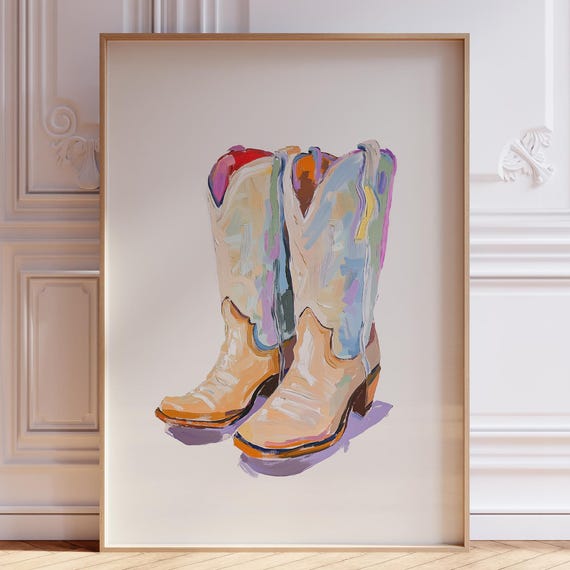 Watercolor Cowboy Boots Print Western Cowgirl Art Blue Wall Southwestern