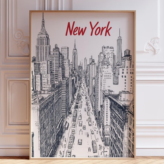 New York City Skyline Ink Sketch Vintage Urban Landscape Wall Art