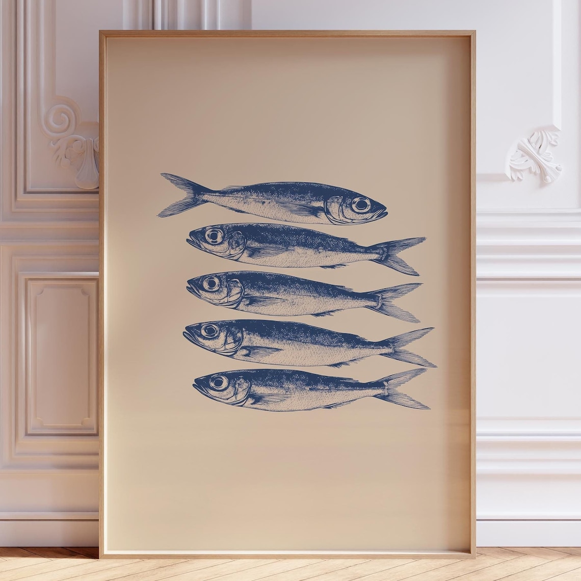 Blue Sardine Print Fish Kitchen Fisherman Sardines Wall Art Seafood Coastal