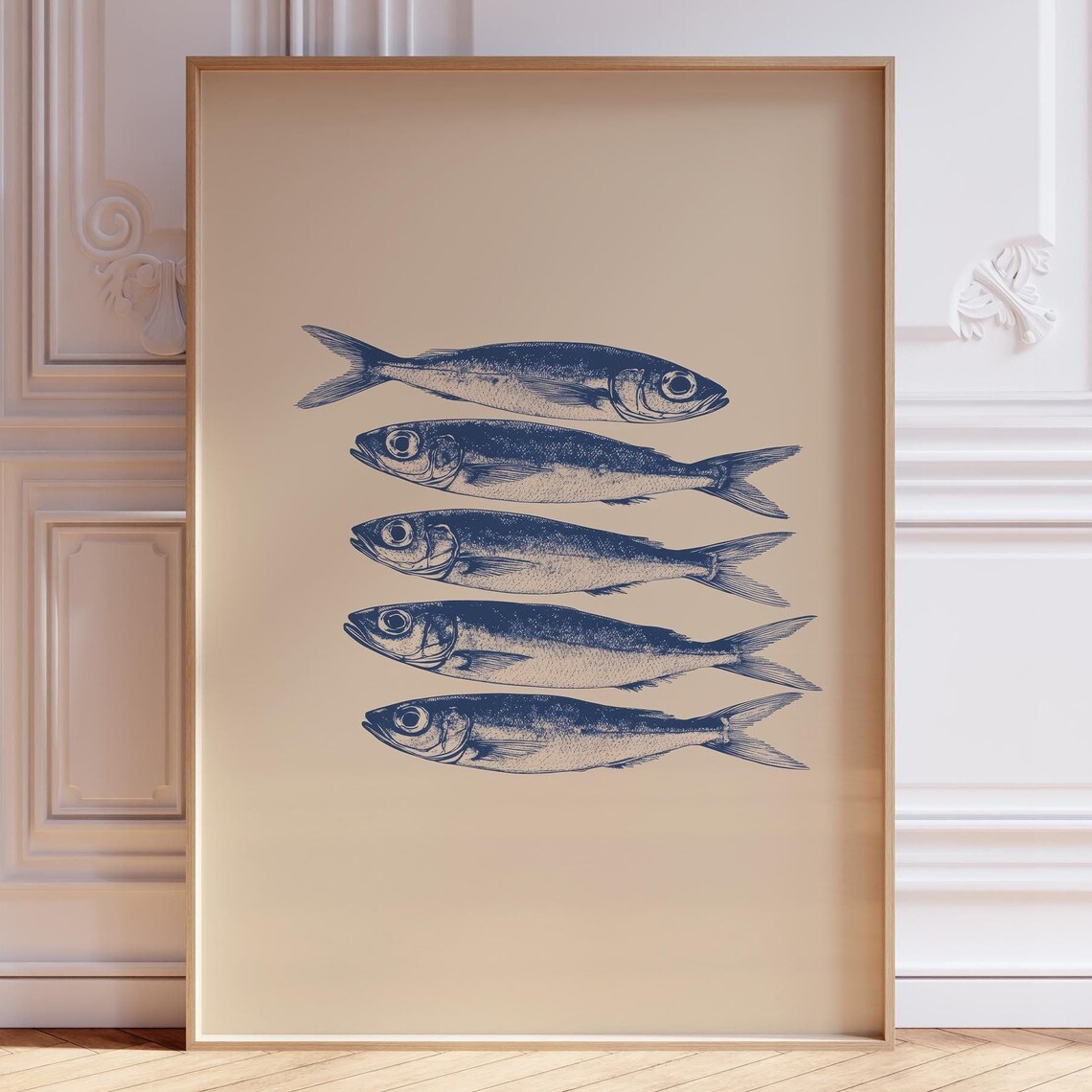 Blue Sardine Print, Retro Seafood Kitchen Art