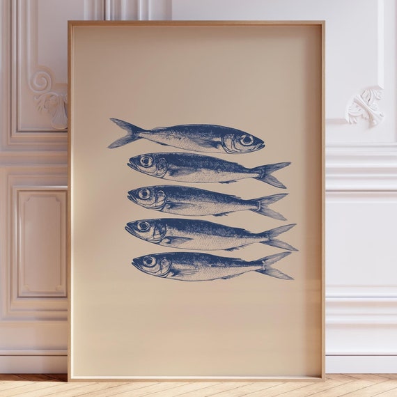 Blue Sardine Print, Retro Seafood Kitchen Art
