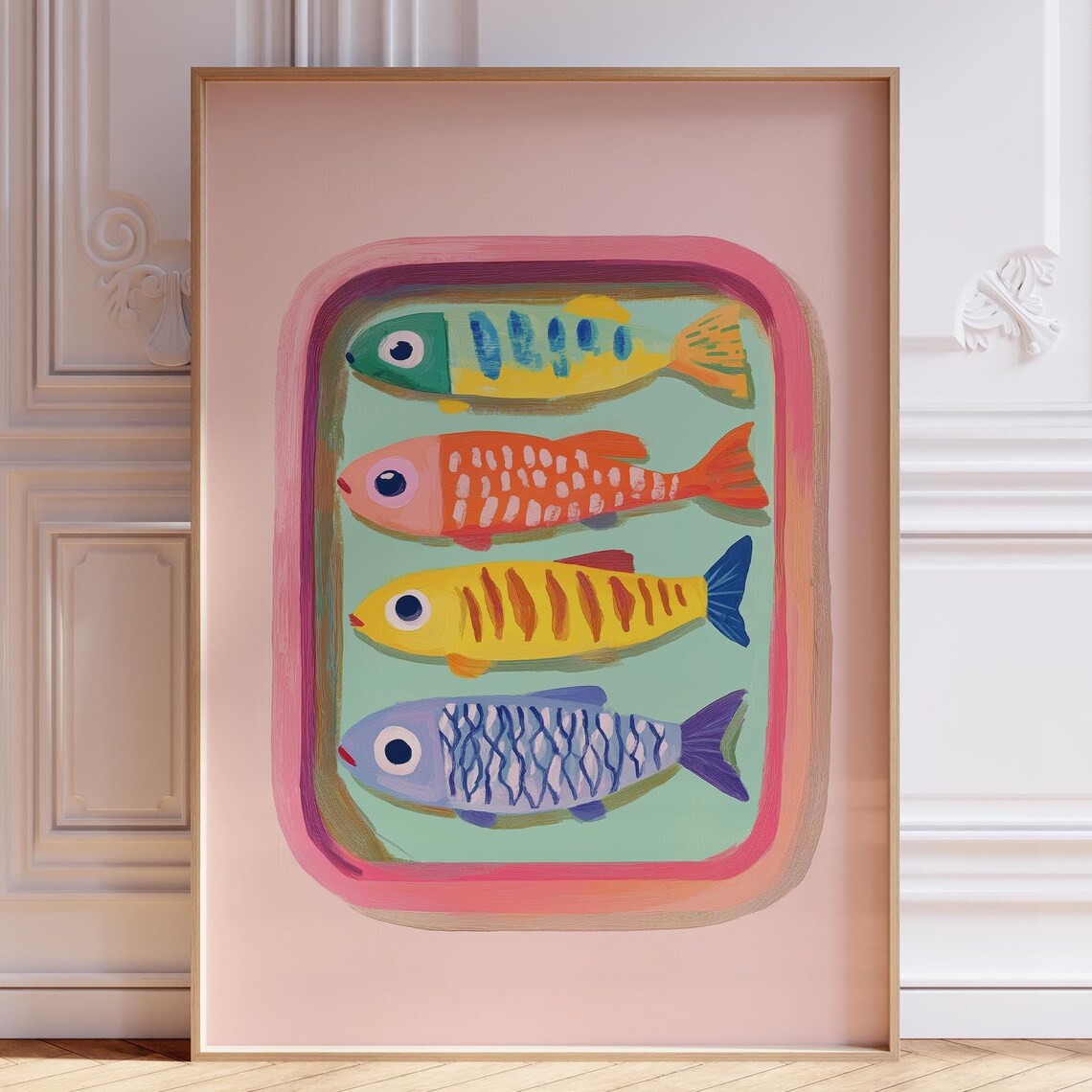 Pink Sardine Print, Retro Coastal Kitchen Art
