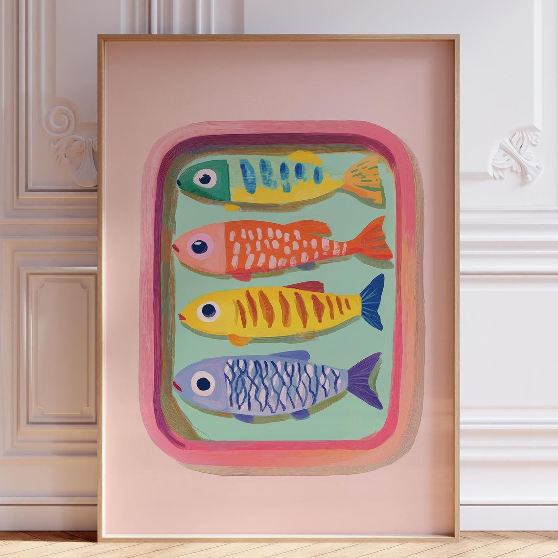 Playful Colorful Sardines In Pink Tin Retro Fish Kitchen Art Poster