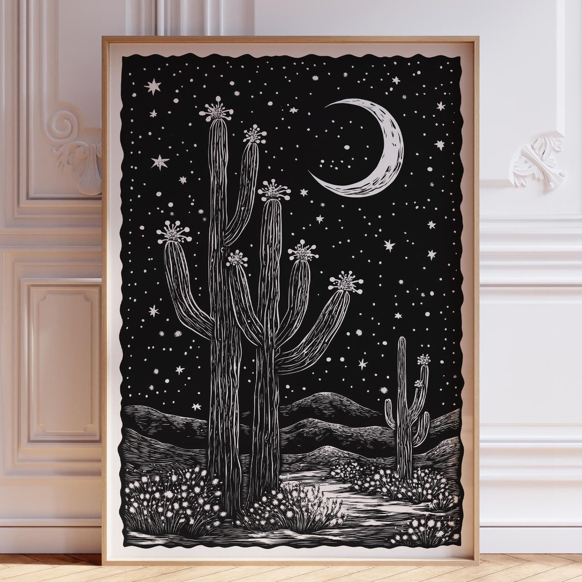 Saguaro Cactus Under Crescent Moon Black White Desert Night Poster