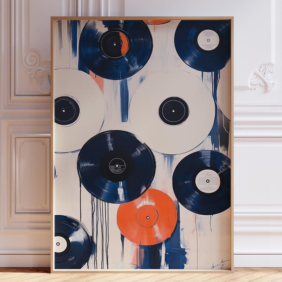 Navy and Orange Vinyl Records Melting in Drip Paint Wall Art