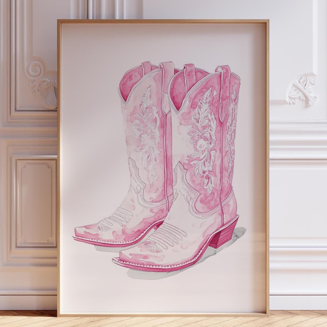 Pink Watercolor Cowboy Boots With Floral Embroidery Art Poster
