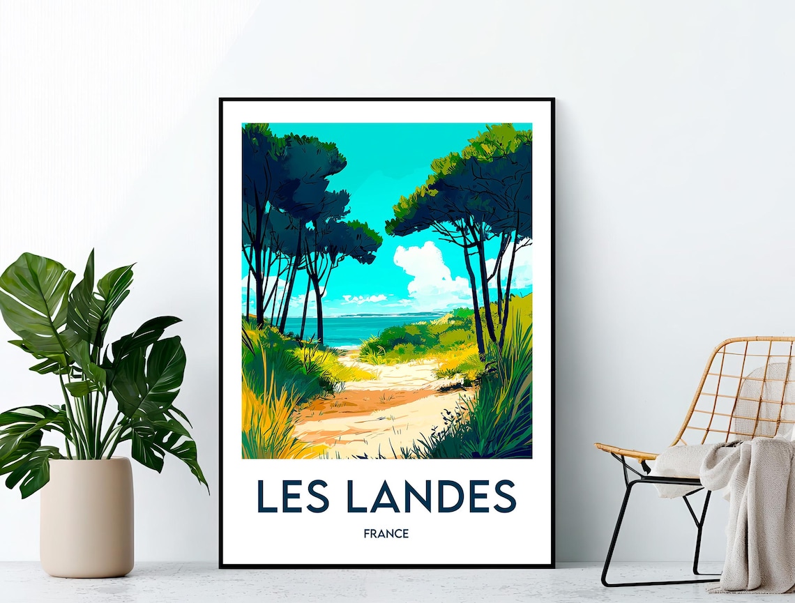 Scenic Les Landes France Pine Forest Path To Sea Travel Poster