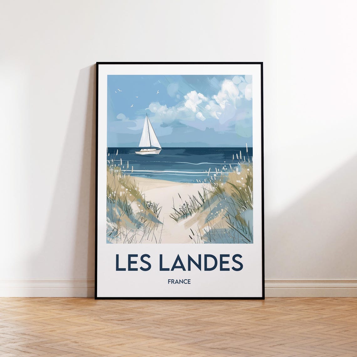 Les Landes France Sailboat Beyond Dune Grass Beach Travel Poster