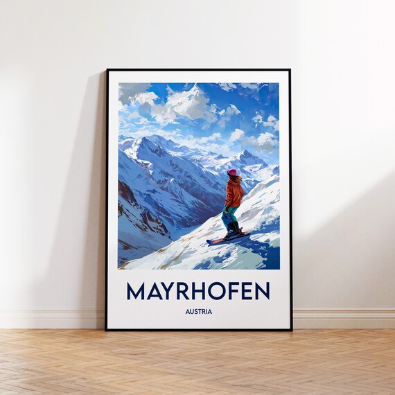 Mayrhofen Austria Snowboarder Alpine Peak Mountain Travel Poster