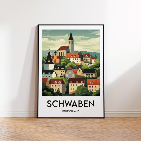 Schwaben Deutschland Hillside Church Village Germany Travel Poster