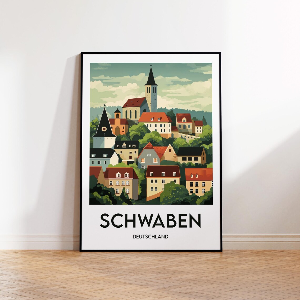 Schwaben Deutschland Hillside Church Village Germany Travel Poster