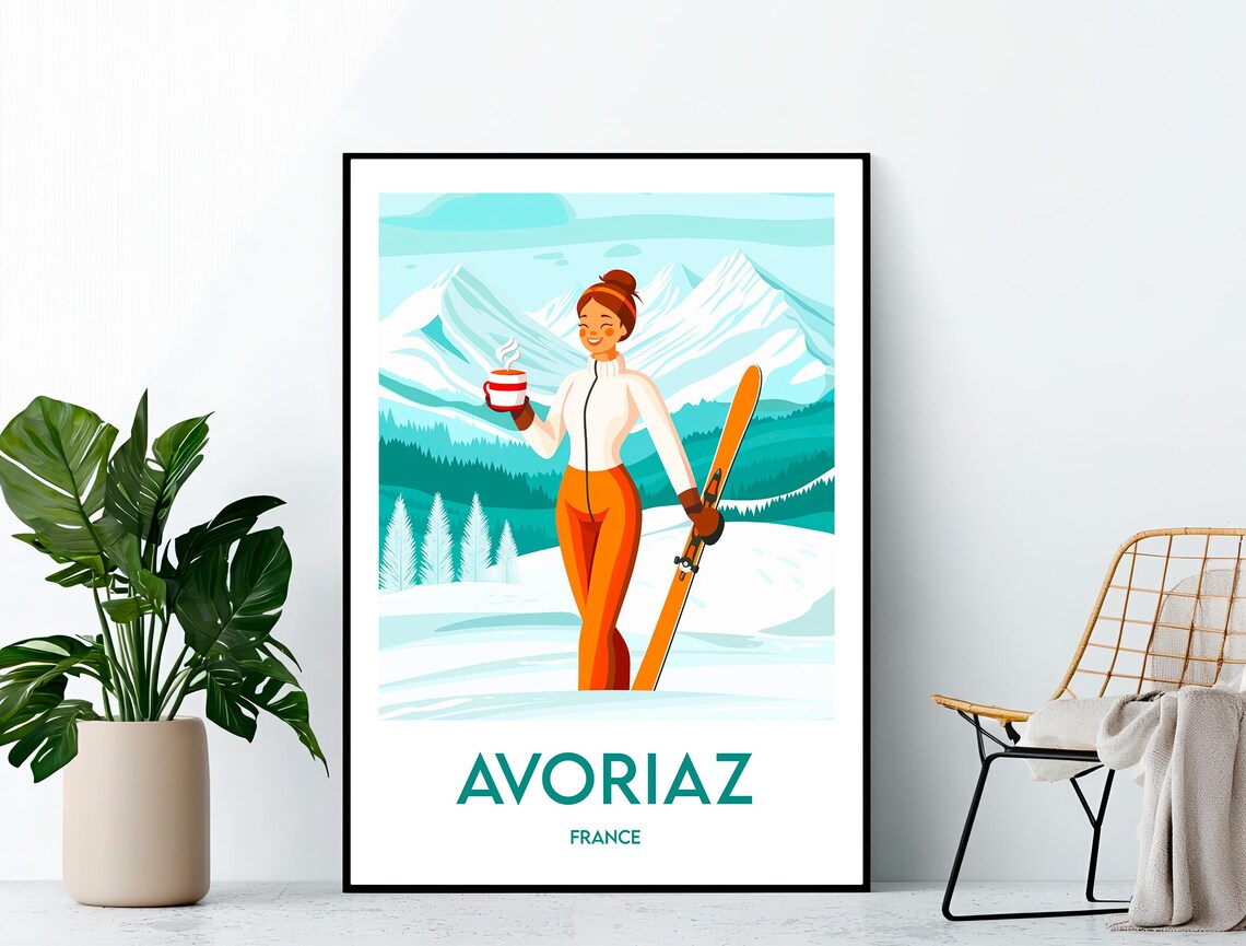 Avoriaz France Woman Skier in Orange with Hot Cocoa Travel Poster