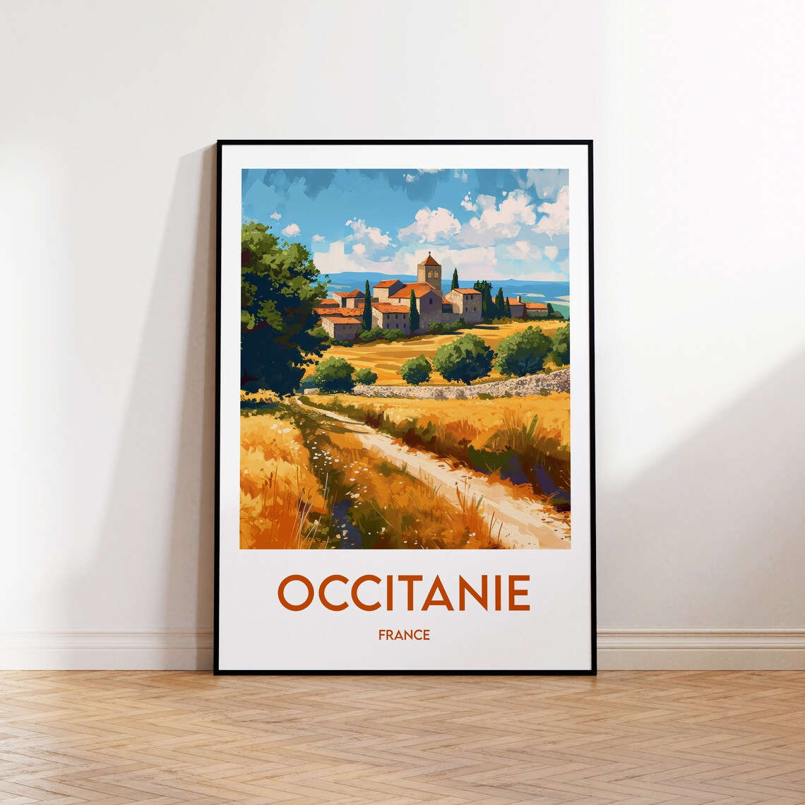 Occitanie France Golden Wheat Fields Village Retro Travel Poster
