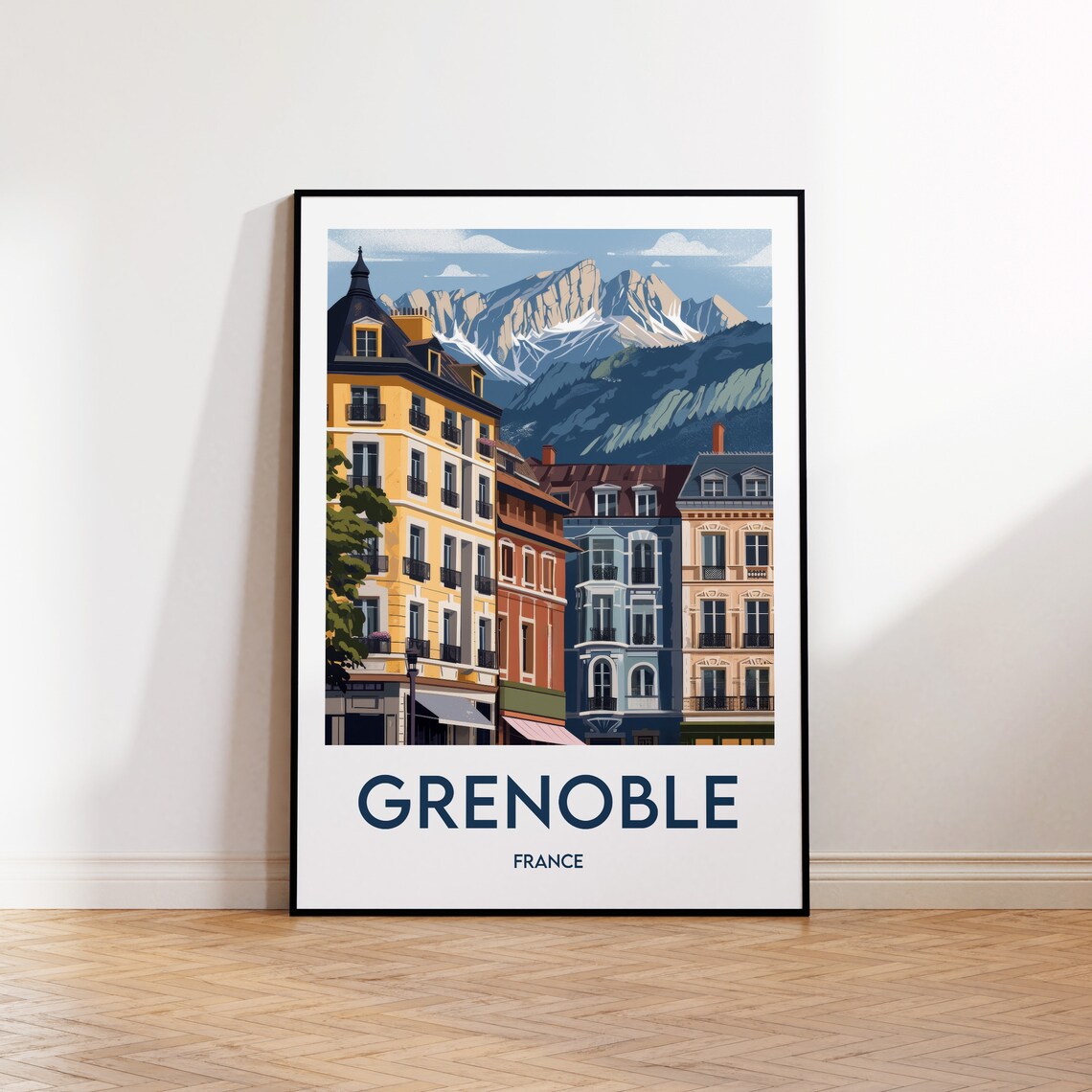 Grenoble France Old Town Street With Alpine Peaks Travel Poster