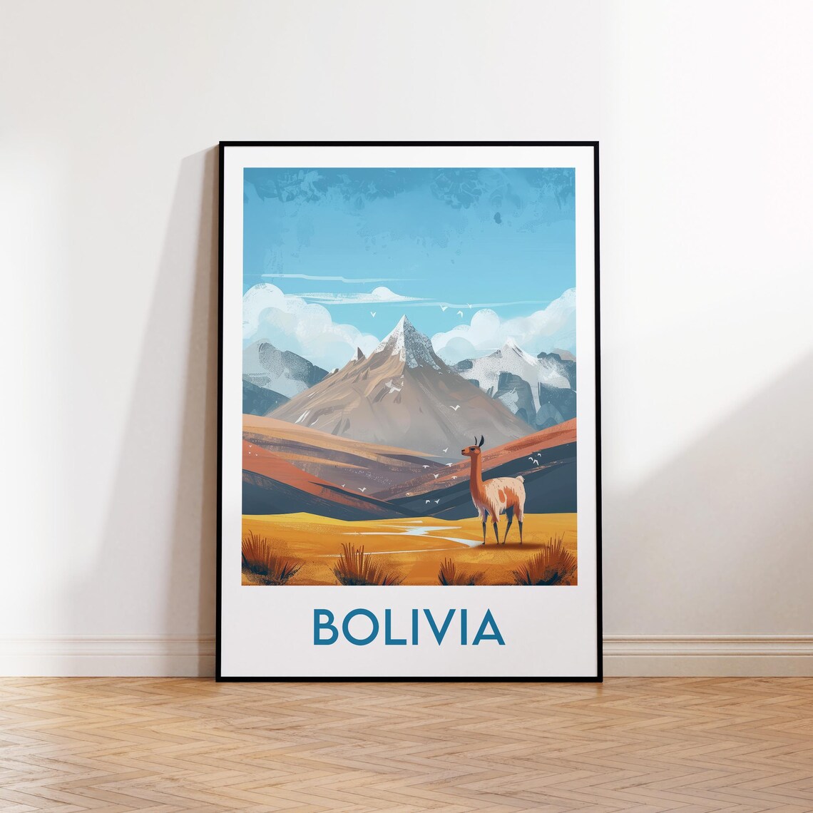 Bolivia Vintage Travel Poster with Majestic Llama and Andes Peaks