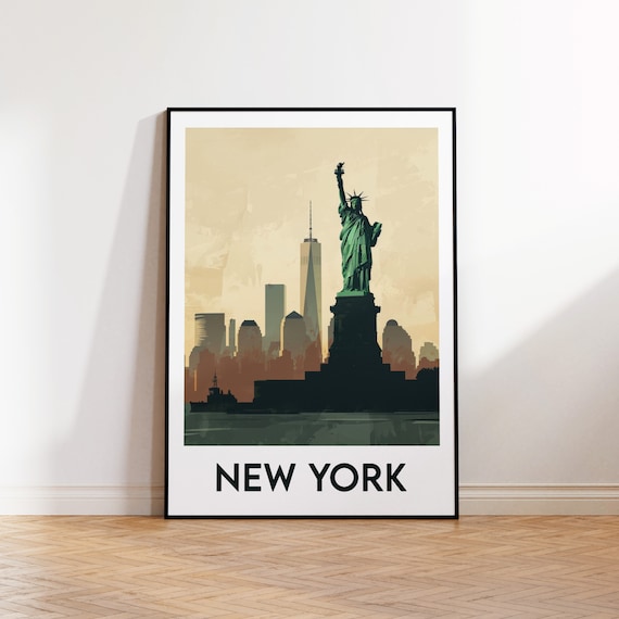 New York City Skyline With Statue Of Liberty Vintage Travel Poster