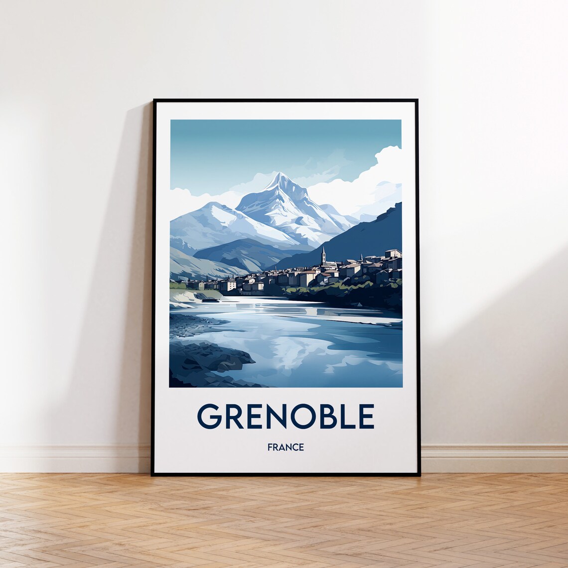 Grenoble France Snow Capped Alpine Village Lake Travel Poster