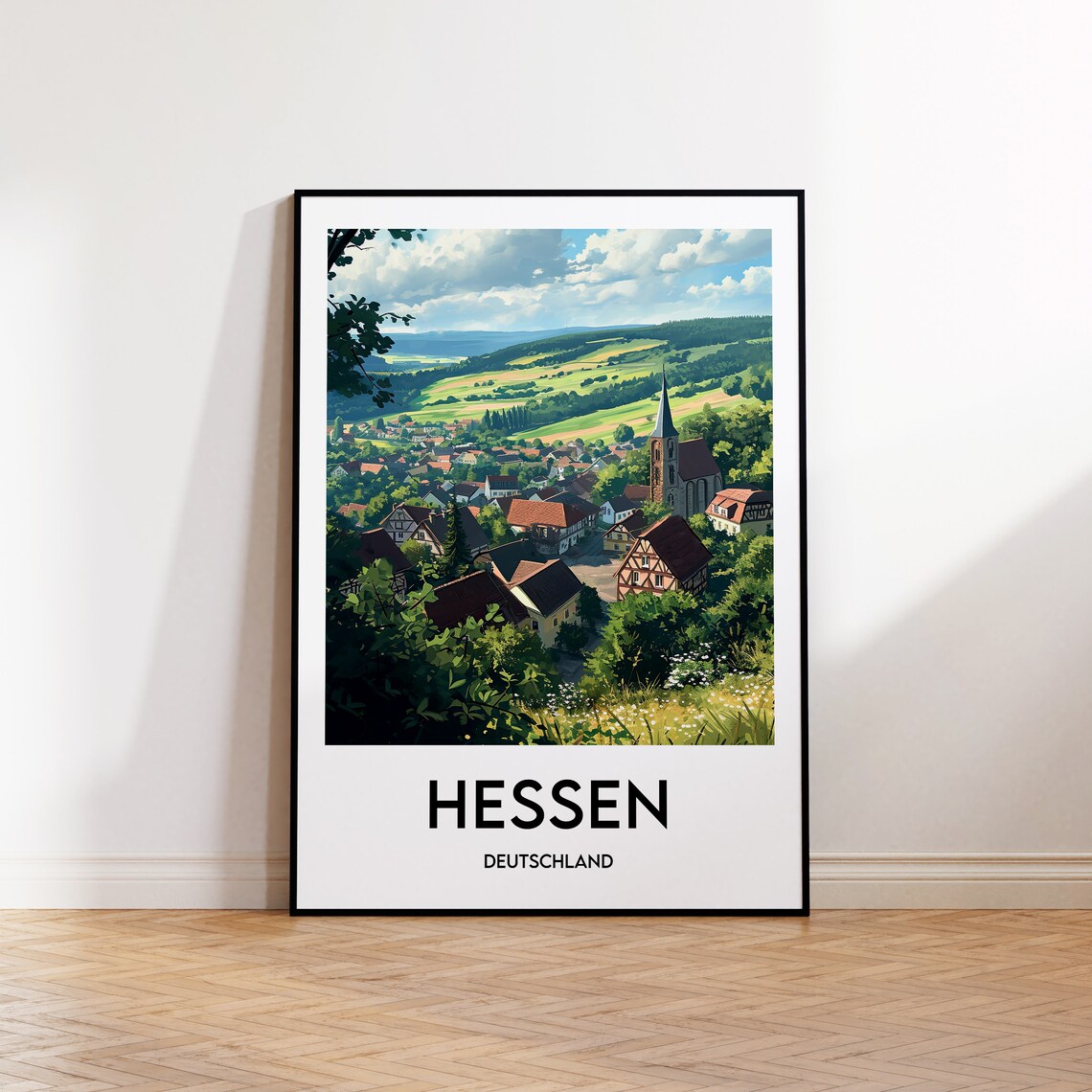 Hessen Germany Hillside Village Church Vintage Travel Poster