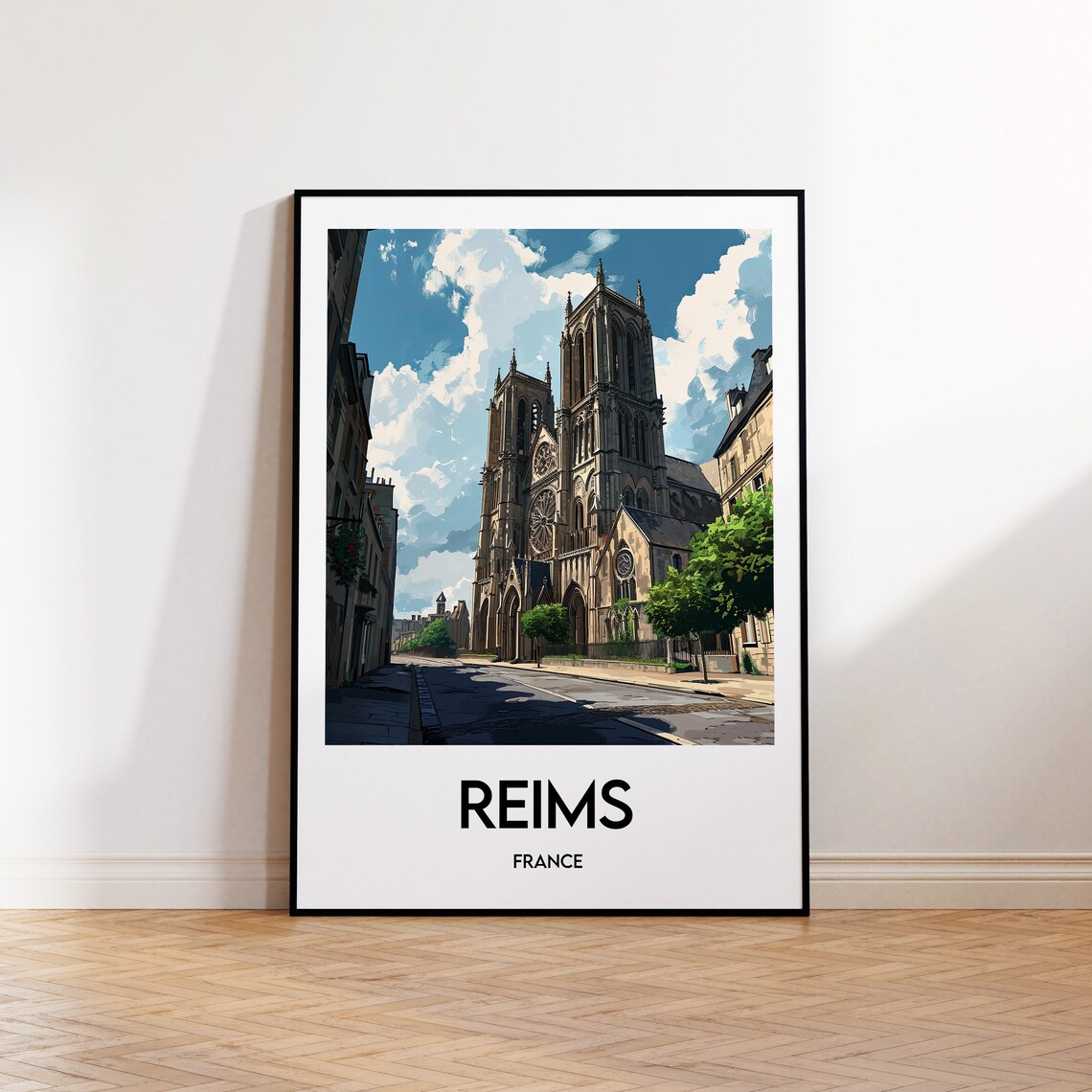 Reims France Cathedral Vintage Style Illustration Travel Art Poster